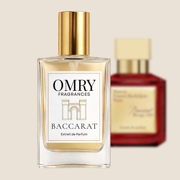 Omry Fragrances Baccarat Extrait de Parfum bottle with gold cap on a beige background