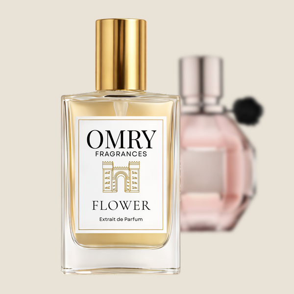 Perfume bottle labeled 'OMRY Fragrances Flower' with a gold cap on a beige background.